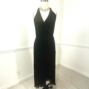 Faux wrap dress with tassel fringe edge deep v neck